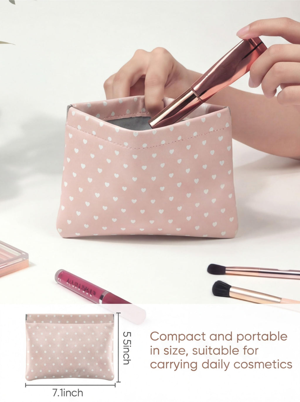 Ksriylm Hearts Leather Makeup Pouch Set for Women Small Make Up Bag for Purse Waterproof Initial Makeup Cosmetic Bags Pouches for Purse Aesthetic Travel Toiletry Bag,Nude Pink