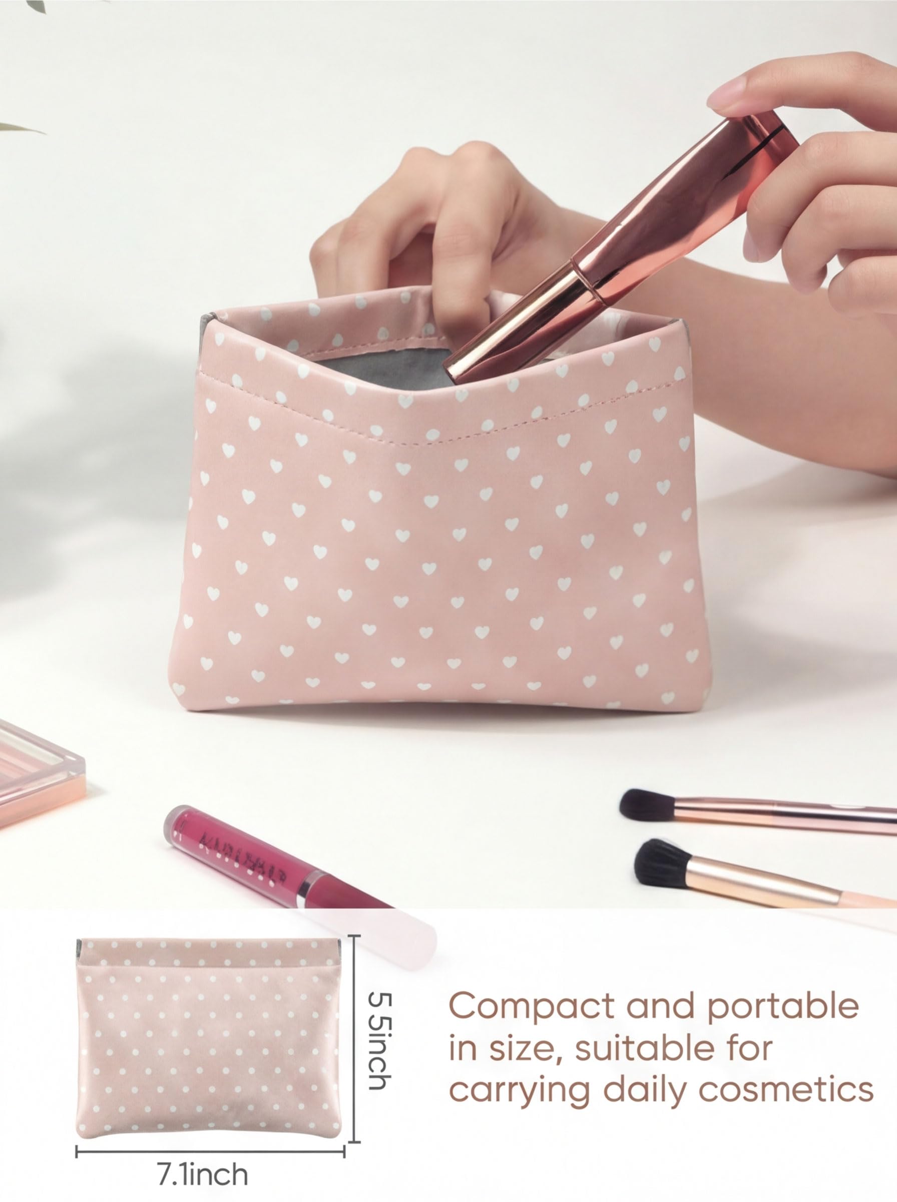 Ksriylm Hearts Leather Makeup Pouch Set for Women Small Make Up Bag for Purse Waterproof Initial Makeup Cosmetic Bags Pouches for Purse Aesthetic Travel Toiletry Bag,Nude Pink