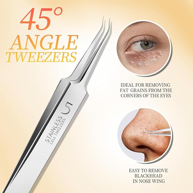 Teenitor 4 Pcs Professional Blackhead Tweezers and Pimple Popper Tool Kit, Stainless Steel Cell Tweezers for Blackhead, Pimple, Whitehead, Ance