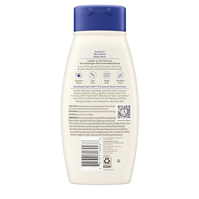 Aveeno Skin Relief Body Wash for Dry Skin, Gentle Coconut Scent and Soothing Triple Oat Formula, Moisturizing Body Wash Leaves Itchy, Dry Skin Cleansed & Feeling Soothed & Moisturized, 18 Fl Oz