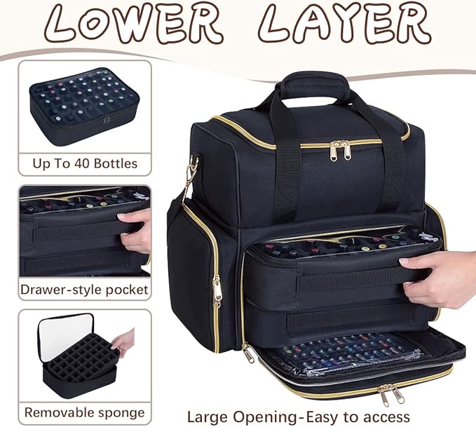 Nail Polish Organizer Case 80 Bottles(15ml/0.5fl.oz) Large Capacity Travel Storage Box with 2 Detachable Bags for Women's Nail Tools Essential Oils and Cosmetics Sets Black