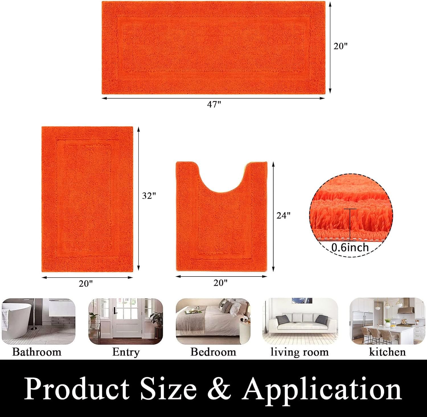 SHACOS Orange Bathroom Rugs Sets 3 Piece Bath Mat U Shaped Toilet Rug