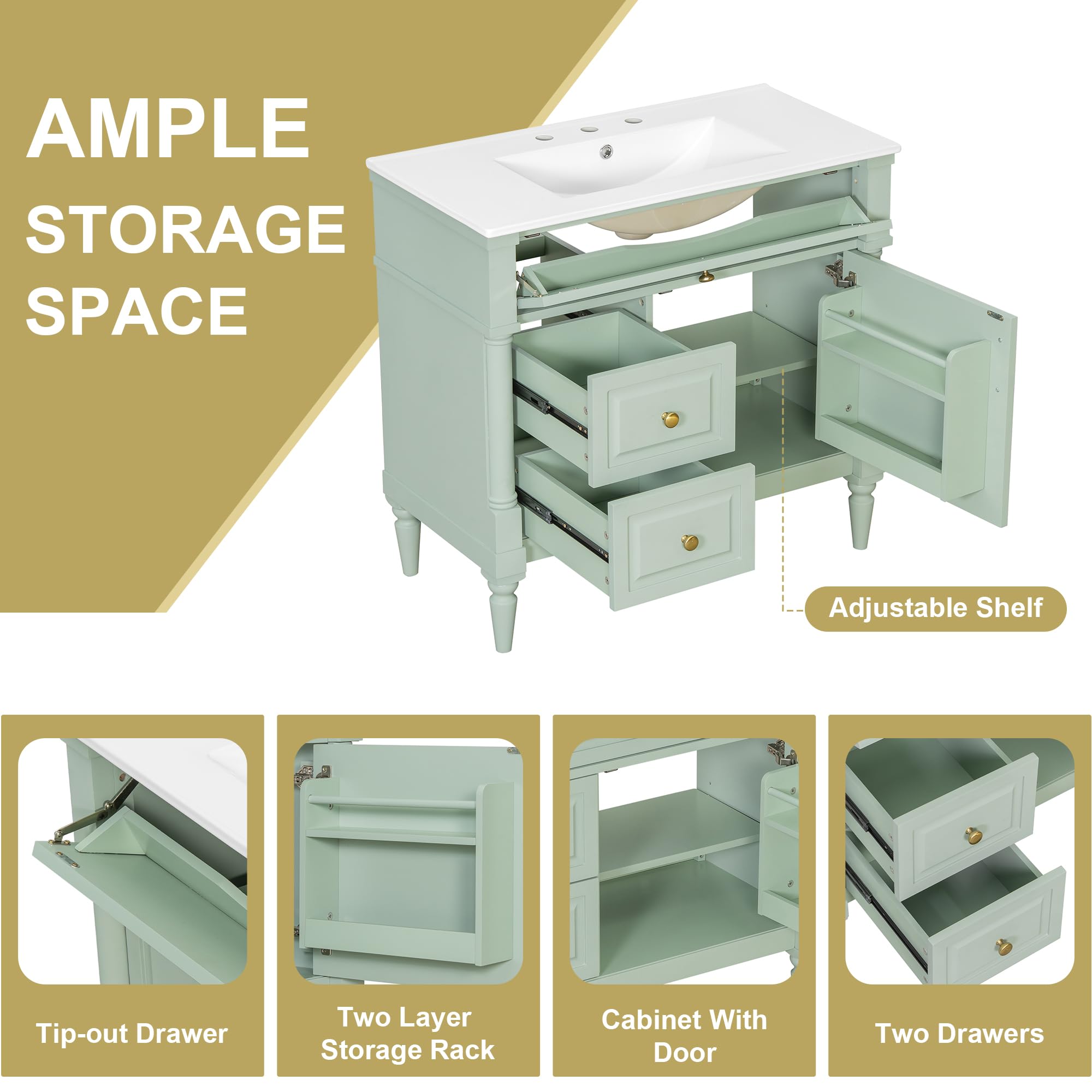 Harper & Bright Designs 36" Bathroom Vanity with Sink, Free Standing Bathroom Vanity Set with Flip Drawer, 2 Drawers, and Adjustable Shelf, Wood Storage Cabinet with Ceramic Basin for Bathroom, Green
