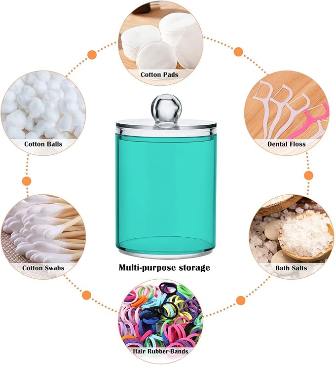 Turquoise Qtip Holder Organizer Dispenser Cotton Swabs Cans Plastic Jars with Lid Set 4 Pack Bathroom Storage Canister for Cotton Ball Floss Cotton Pads