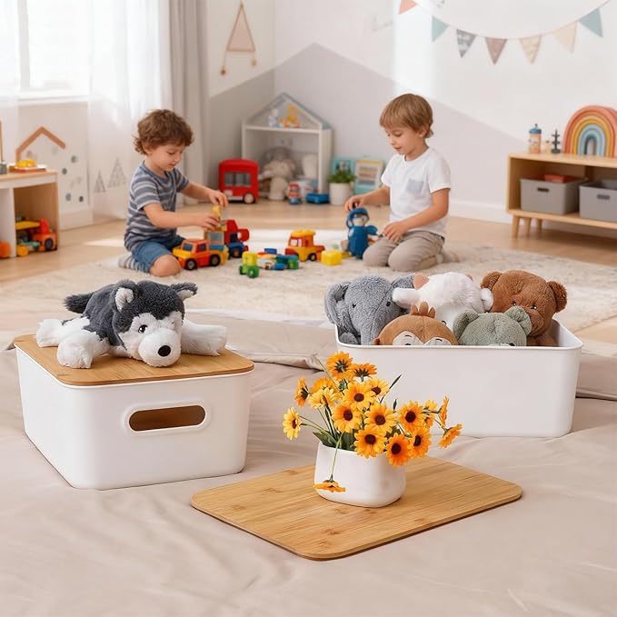 Citylife Storage Bins with Bamboo Lids 13QT Plastic Storage Containers Stackable Organizer Boxes with Handle for Desk Snacks, Toys, 2 PCS, 14" L x 10.6" W x 6.18" H