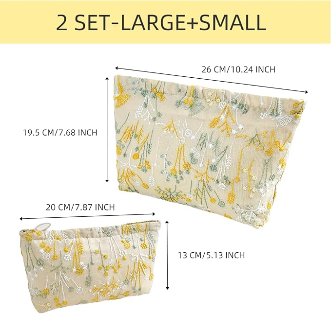 RIKMOXR 2 Pcs Makeup Bags, Large Cosmetic Bag Travel Toiletry Bag Organizer for Women, Embroidery Craft, Floral Makeup Bag Small Cosmetic Pouch Purse with Zipper Gifts for Girls Teen