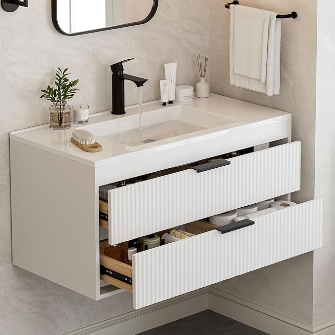 36 Inches Modern MDF Bathroom Vanity with Sink, Wall Mounted Floating Cabinets w/Double Drawers, Black Handles, White Resin Sink Combo Set (White, 36")