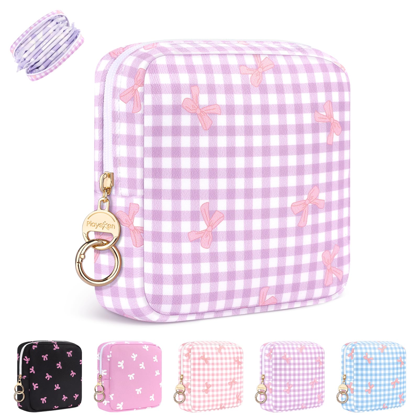 Playexen Period Bag for Teen Girls, Checkered Sanitary Napkin Storage Bag, Cute Bow Tie Menstrual Pad Purse Tampon Pouch (Plaid Purple)