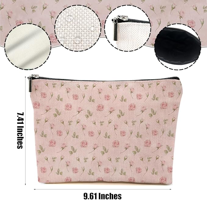 4pcs Pink Vintage Roses Floral Makeup Bag, Rose Gifts for Women Girl Sister