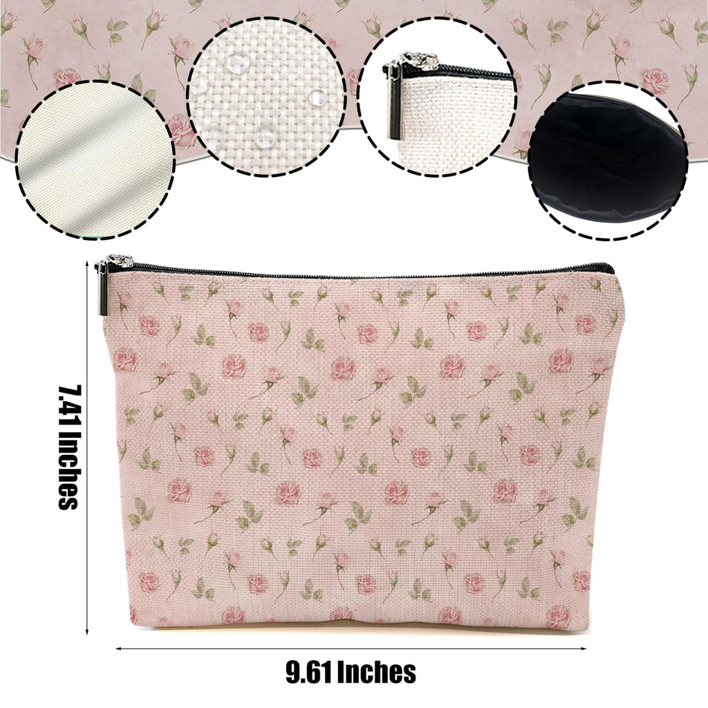 4pcs Pink Vintage Roses Floral Makeup Bag, Rose Gifts for Women Girl Sister