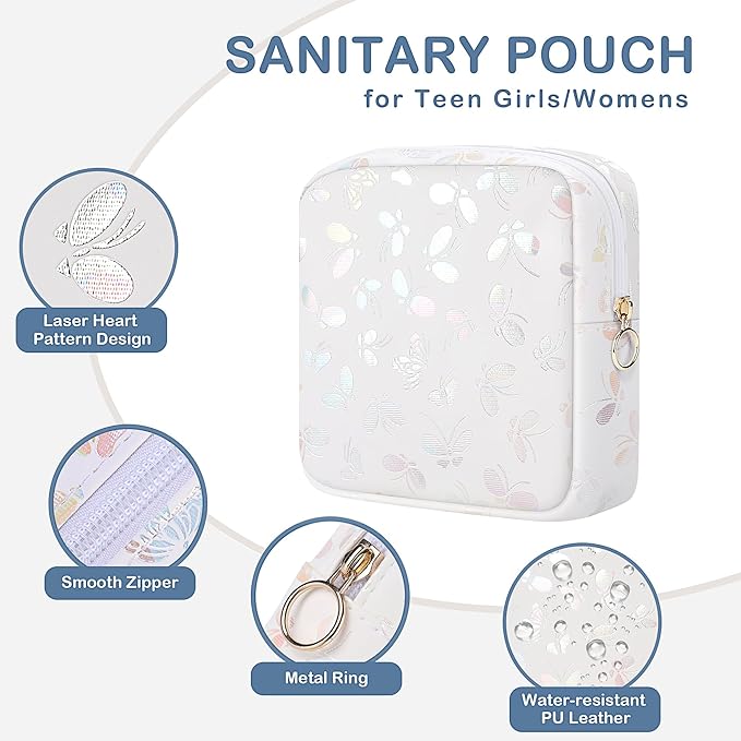 Likesing Period Bag Pouch, Leather Sanitary Napkin Storage Bag for Womens, Portable Sanitary Napkin Period Pad Pouch Bag for Purse, Small Make Up Bags(Black Butterflies)