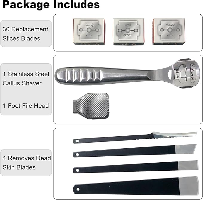 36 Pcs Callus Shaver for Feet Set, (1Stainless Foot File &1 Foot File Heads & 30 Replacement Slices Blades & 4 Pedicure Knife), Professional Callus Remover for Feet Tools for Wet and Dry Feet