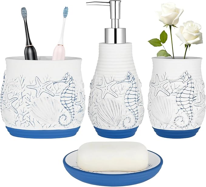Handmade Blue Mosaic Glass Bathroom Accessory Sets 4PCS Bathroom Accessories Set Complete Includes Lotion Dispenser Toothbrush Holder Tumbler Cup & Soal Dish