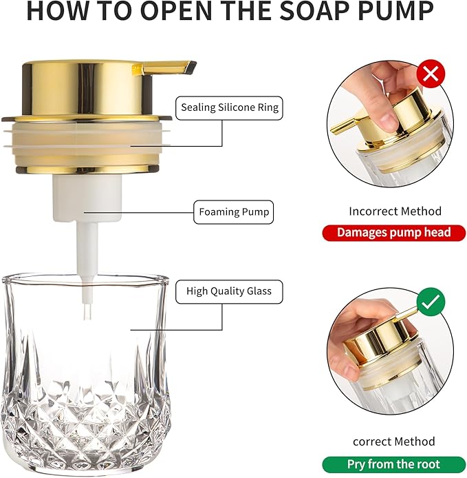 Glass Soap Dispenser Set - 2 Pack Bathroom Hand Liquid Soap Dispensers,Refillable Dish Soap Dispenser for Glod Pump,Modern Home Soap Dispenser for Bathroom,Kitchen