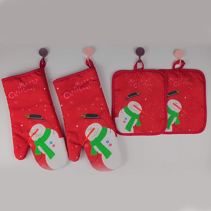 Win Change Oven Mitts and Potholders BBQ Gloves-Oven Mitts and Pot Holders with Recycled Infill Silicone Non-Slip Cooking Gloves for Cooking Baking Grilling (4-Piece Set) (Red Christmas Snow)