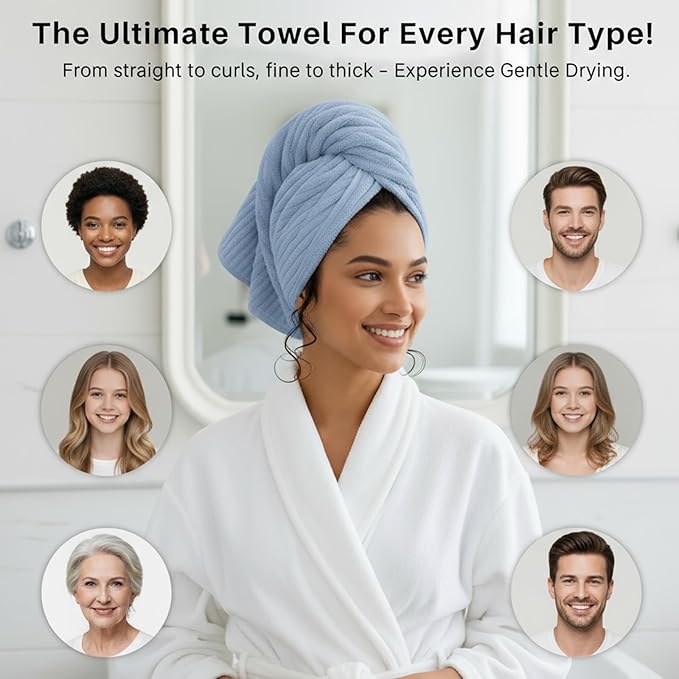 2-Pack Microfiber Hair dring Towel | 50% Faster Drying, Ultra Absorbent & Frizz Control | for Long/Curly Hair | 40 * 11" Large Size | Travel Gym Home Use(Bule,White)