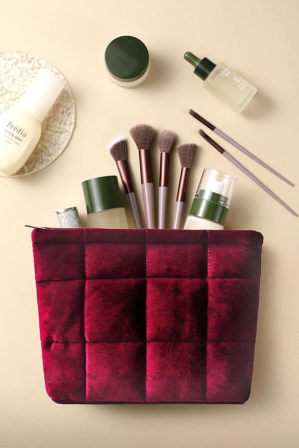 HFLZBRO Puffy Quilted Makeup Bag, Cosmetic Bag, Travel Toiletry Organizer Pouch, Clutch for Women(Wine Red - Velvet)