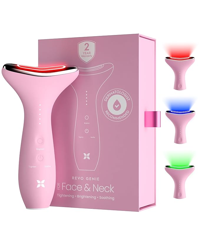 REVO Genie Facial Massager for Face and Neck, LED Face Lift Device with Heat & Vibration, Lymphatic Drainage Depuffing Tool, Red Blue Green Light Therapy for Skin Tightening & Skincare Absorption