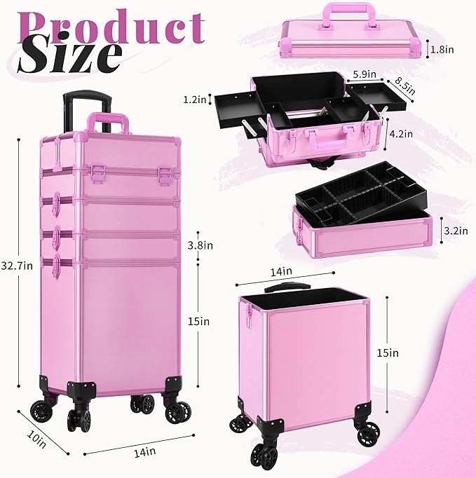 JINGUAN Professional Rolling Makeup Train Case with Lid, 5 in 1 Cosmetology Case on Wheels, Large Cosmetic Trolley Organizer Travel for Hairstylist Artist Nail Beauty Salon Barber, Pink