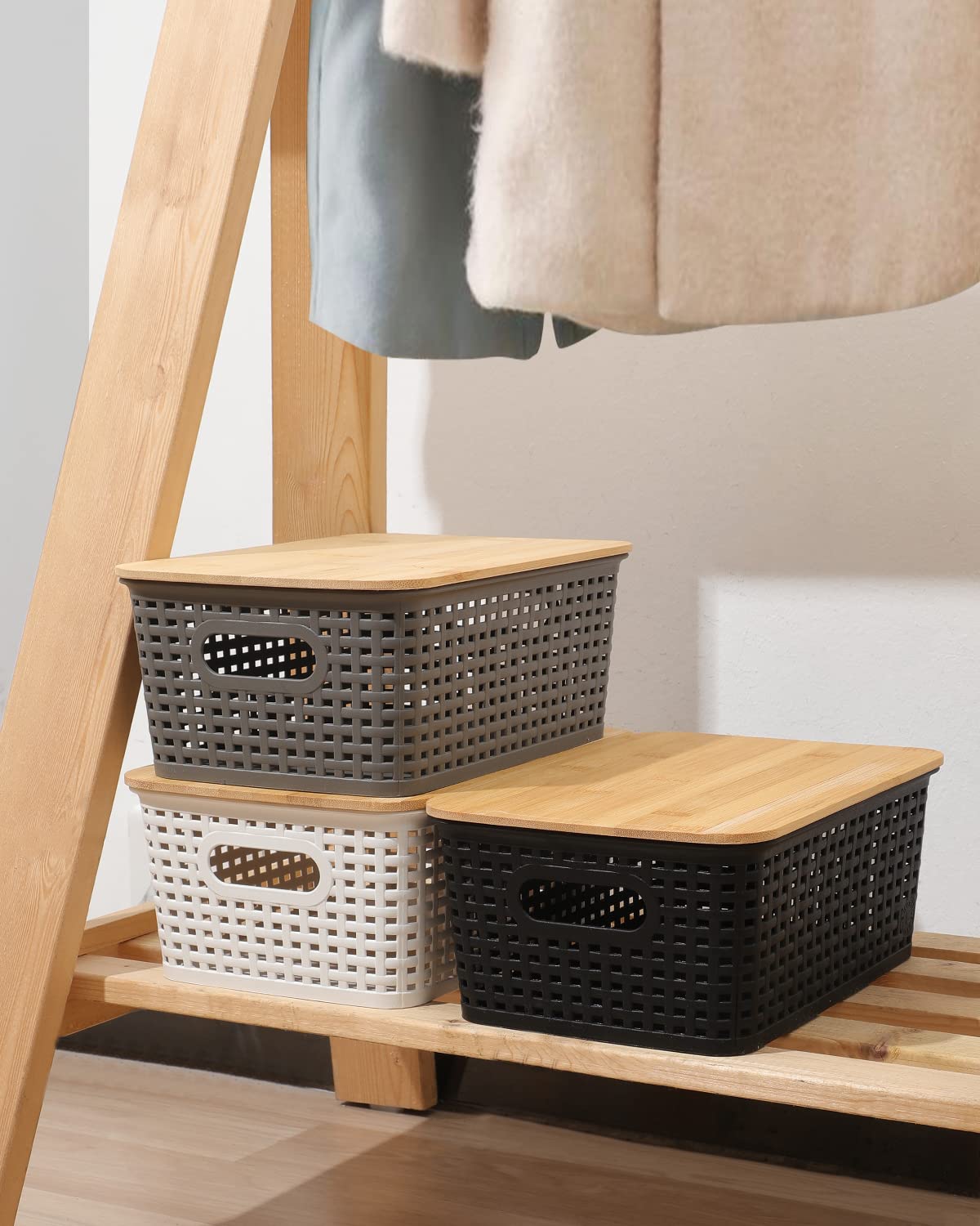 AREYZIN Storage Bins with Bamboo Lids Set of 6 Lidded Storage Container Plastic Baskets Organizer Bins for Organizing Kithen Room Bedroom Office Closet, Sturdy(Black)