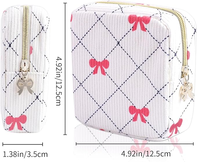 Teircno Period Bag for Women - Cute Corduroy Sanitary Napkin Storage Bag with Bow Design | Period Pouch for Daily Use, Travel | Discreet Menstrual Pouch | Pad Bags for Period Holds Pads, Tampons