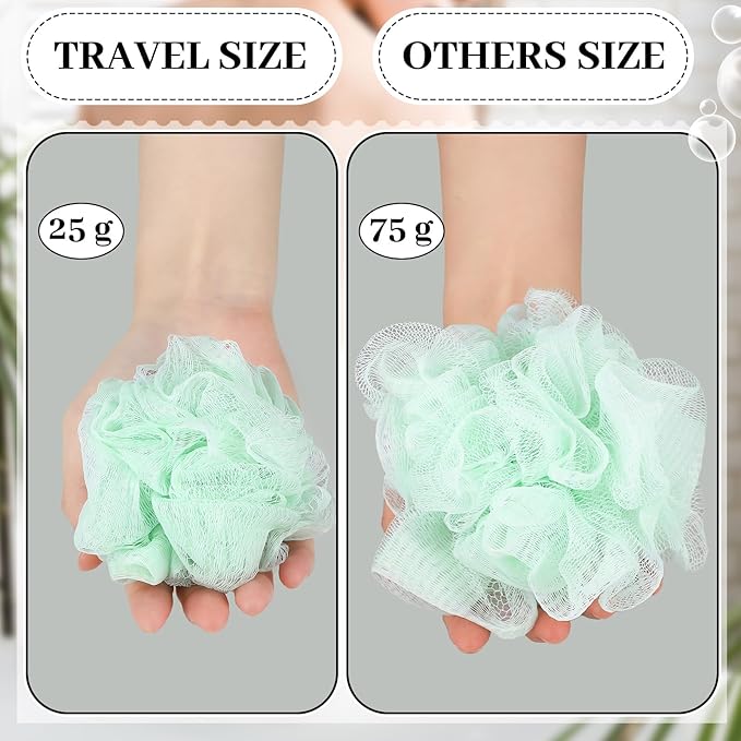 Funnymoom 12 Pcs Travel Size Loofah Individually Wrapped, Small Shower Puff Bath Sponge Pouf Ball Bulk Mesh Bath Puff Mini Loofah Sponge with Case Bulk for Shower Care (25g,Colorful)