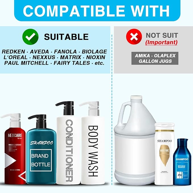 2-Pack Shampoo Pump for Liter 33.8 oz Shampoo and Conditioner, Pump Dispenser Fits Most Salon Bottles with 1.1" Wide Opening, Black & White Replacement Pump for Soft Hair Products, Body Wash, Lotion