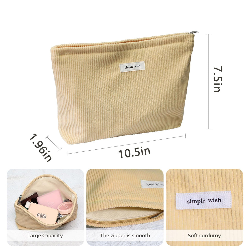 Wudygirl Makeup Bag,Large Capacity Cosmetic Travel Bag,Cute Corduroy Toiletry Bag for Women,Makeup Bag Organizer Handbags Purses Zipper pouch(Light Yellow)