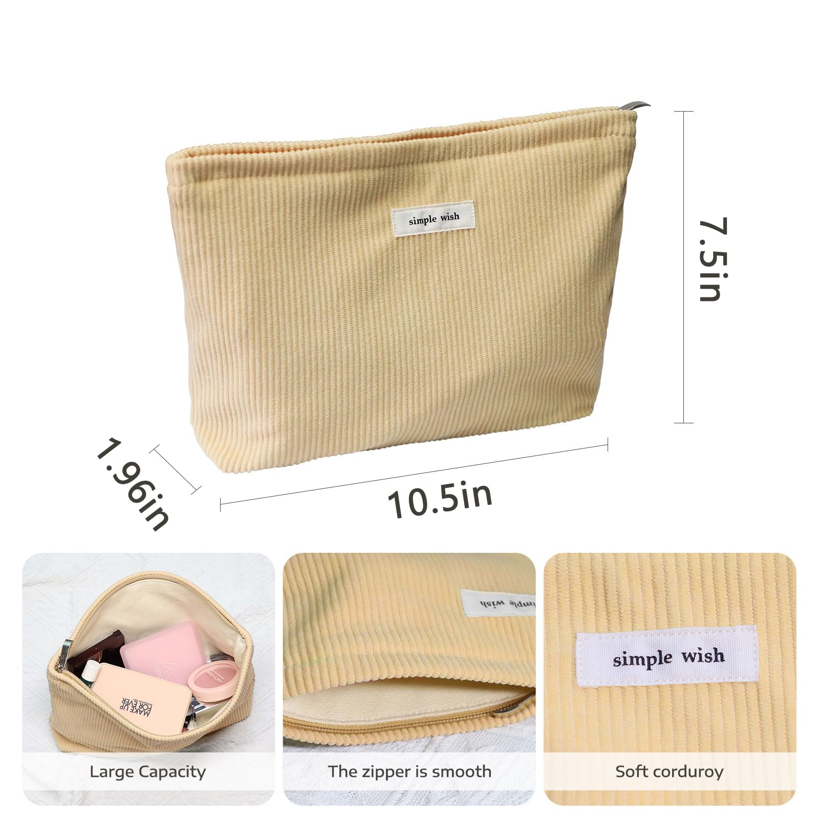 Wudygirl Makeup Bag,Large Capacity Cosmetic Travel Bag,Cute Corduroy Toiletry Bag for Women,Makeup Bag Organizer Handbags Purses Zipper pouch(Light Yellow)