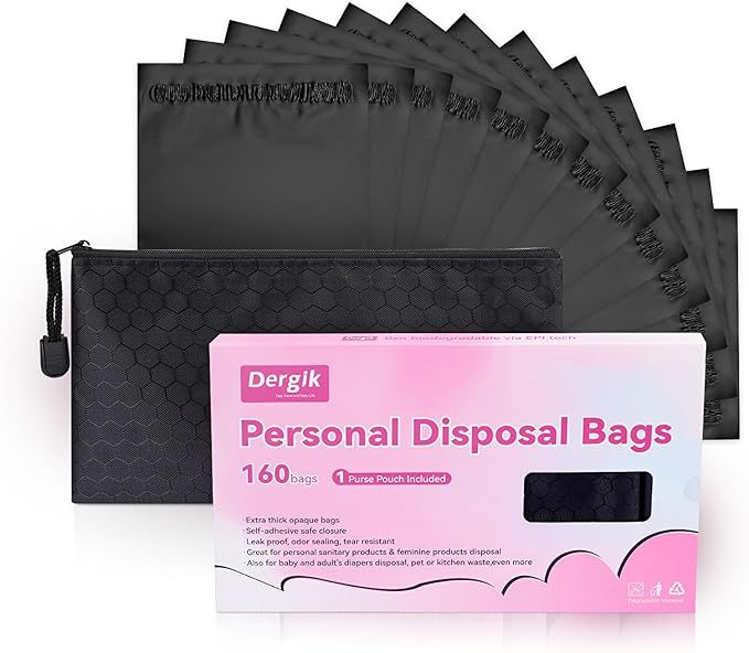 160 pcs Sanitary Napkin Disposal Bags, Personal Care Feminine Hygiene Disposal Bags, Opaque, Odor Control, Discreet Disposal for Tampons, Pads, Liners,Diapers, with Pouch, Black