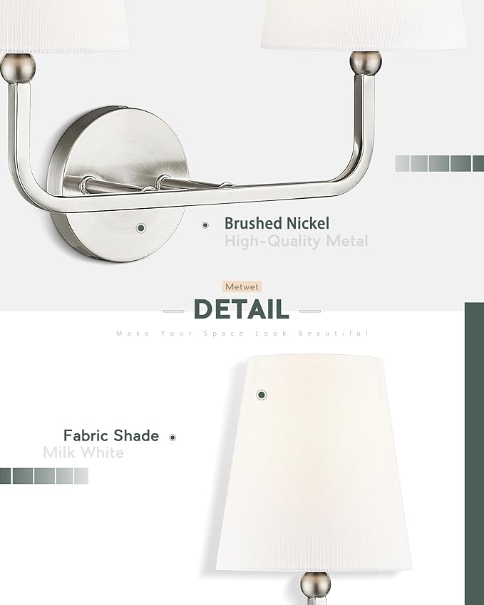 2-Light Bathroom Light Fixtures, Brushed Nickel Vanity Lights, Double Wall Sconce with Flared White Fabric Shade, Modern Sconces Wall Lighting for Hallway Bedroom Stairway, VL837-BN-2-S