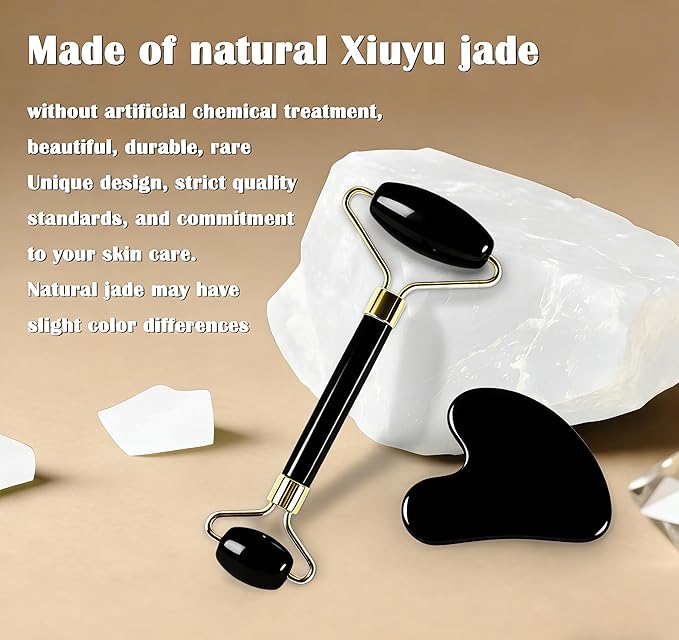 Jade Roller Gua Sha Tools – Nature Gua Sha Facial Tool Skin Tightening Face Massager Anti-Aging Jade Face Roller Puffiness Reducing Guasha Stone for Women Men (Black)