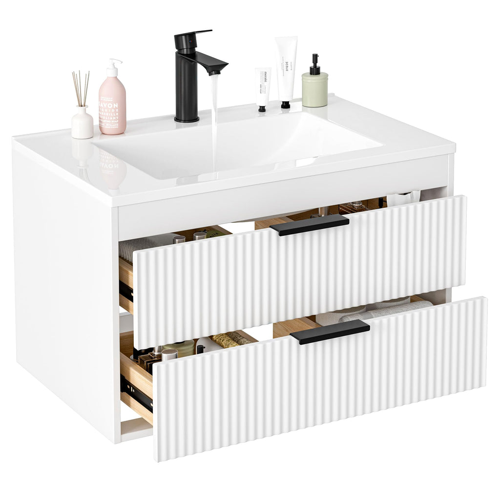 30 Inches Modern MDF Bathroom Vanity with Sink, Wall Mounted Floating Cabinets w/Double Drawers, Black Handles, White Resin Sink Combo Set (White, 30")