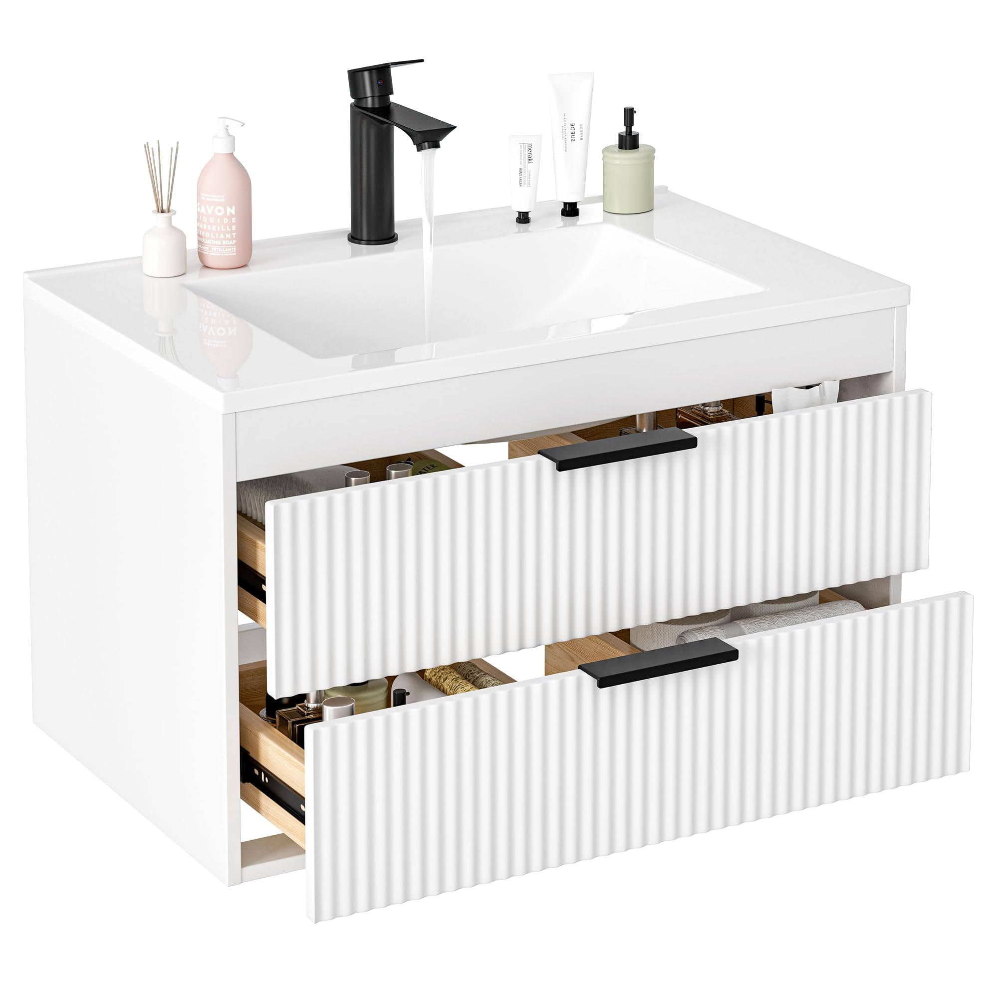 30 Inches Modern MDF Bathroom Vanity with Sink, Wall Mounted Floating Cabinets w/Double Drawers, Black Handles, White Resin Sink Combo Set (White, 30")