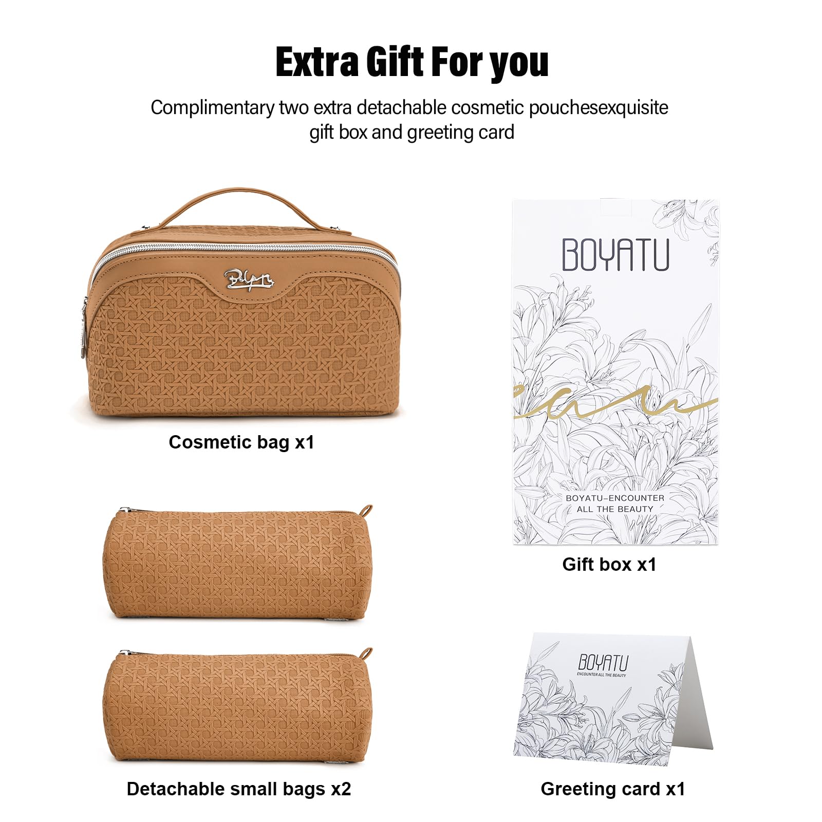 BOYATU Travel Makeup Bag Cosmetic Bags for Women: Large Capacity 3 Pcs Set Make up Bag with Compartments - Waterproof Vegan Leather Toiletry Organizer Bags with Handle (M-74Yellow Brown)