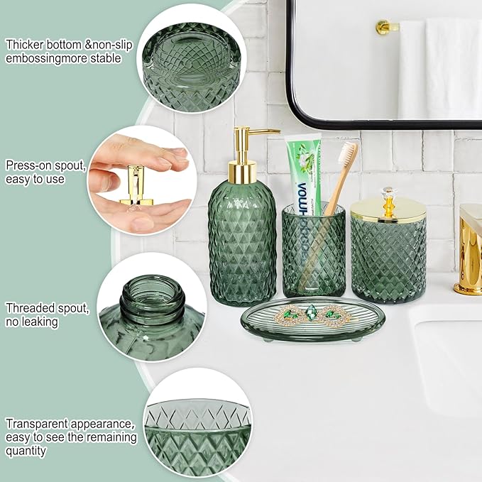 Haturi Bathroom Accessories Set, 4Pcs Sage Green Glass Bathroom Set Complete w/Bathroom Soap Dispenser Set, Toothbrush Holder, Qtip Holder, Soap Dish, Green Bathroom Decor, Gift for Home Apartment