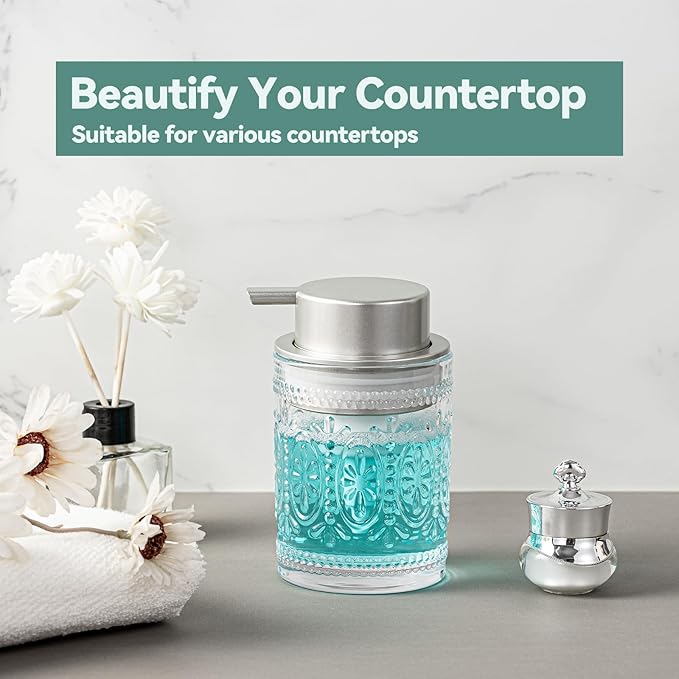 AZMOYAC Glass Foam Soap Dispenser, 8 Oz Face Wash Dispenser for Bathroom, Vintage Glass Clear Foaming Hand Soap Dispenser, Small Refillable Lotion Dish Dispenser for Kitchen, Matte Silver Pump