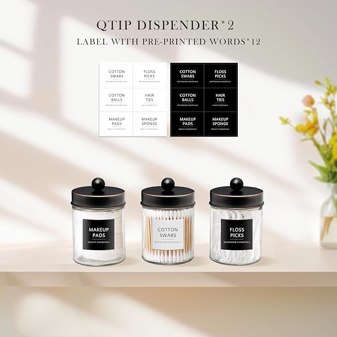 SheeChung 2-Pack Qtip Holder Dispenser-Glass Apothecary Jars with Rust-Proof Stainless Steel Lids-Vintage Rustic Farmhouse Bathroom Vanity Organizer for Cotton Swabs, Balls, Pads(Oil Rubbed Bronze）