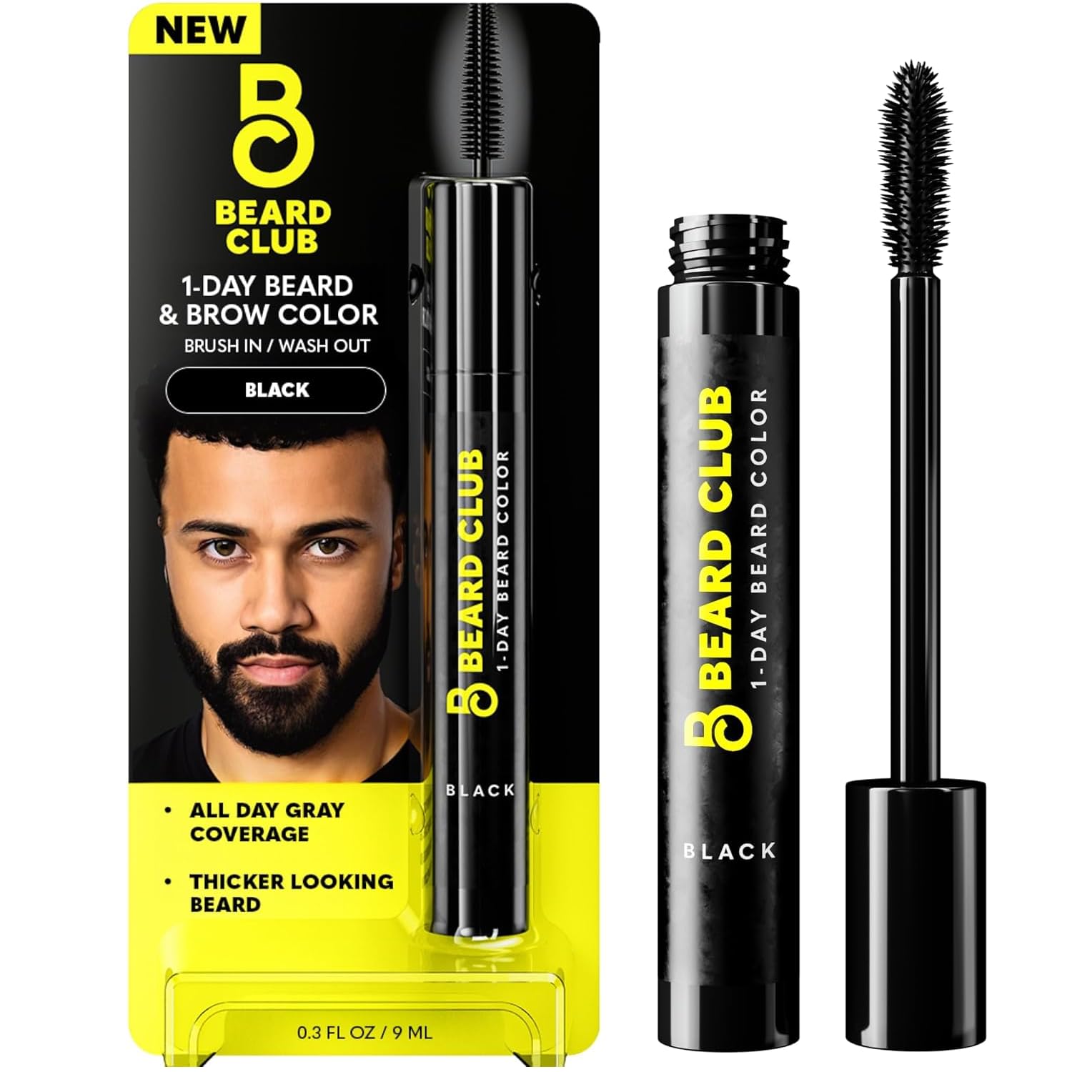 The Beard Club 1 Day Temporary Beard Dye for Men - Black Beard, Mustache & Eyebrow Color for a Fuller, Well-Defined Look, Water & Sweat Resistant, Up to 30 Applications, 0.3 fl oz
