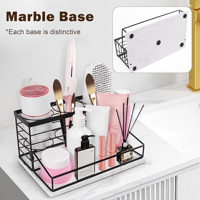 Siyzda Hair Tool Organizer, Movable Hair Dryer Holder, Hair Styling Tools Storage for Vanity, Bath Counter Organizer, Bathroom Trays for Hair Toiletry, Makeup (12" x 7.7" x 5.8", Marble-Black)