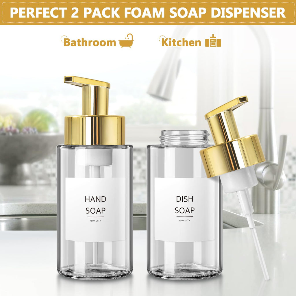 RYTOXILO Foaming Soap Dispenser, 10 oz/300ml Gold Soap Dispenser, 2 Pack Glass Foaming Hand Dispenser for Bathroom & Kitchen, Clear Refillable Foam Bottle with Waterproof Labels