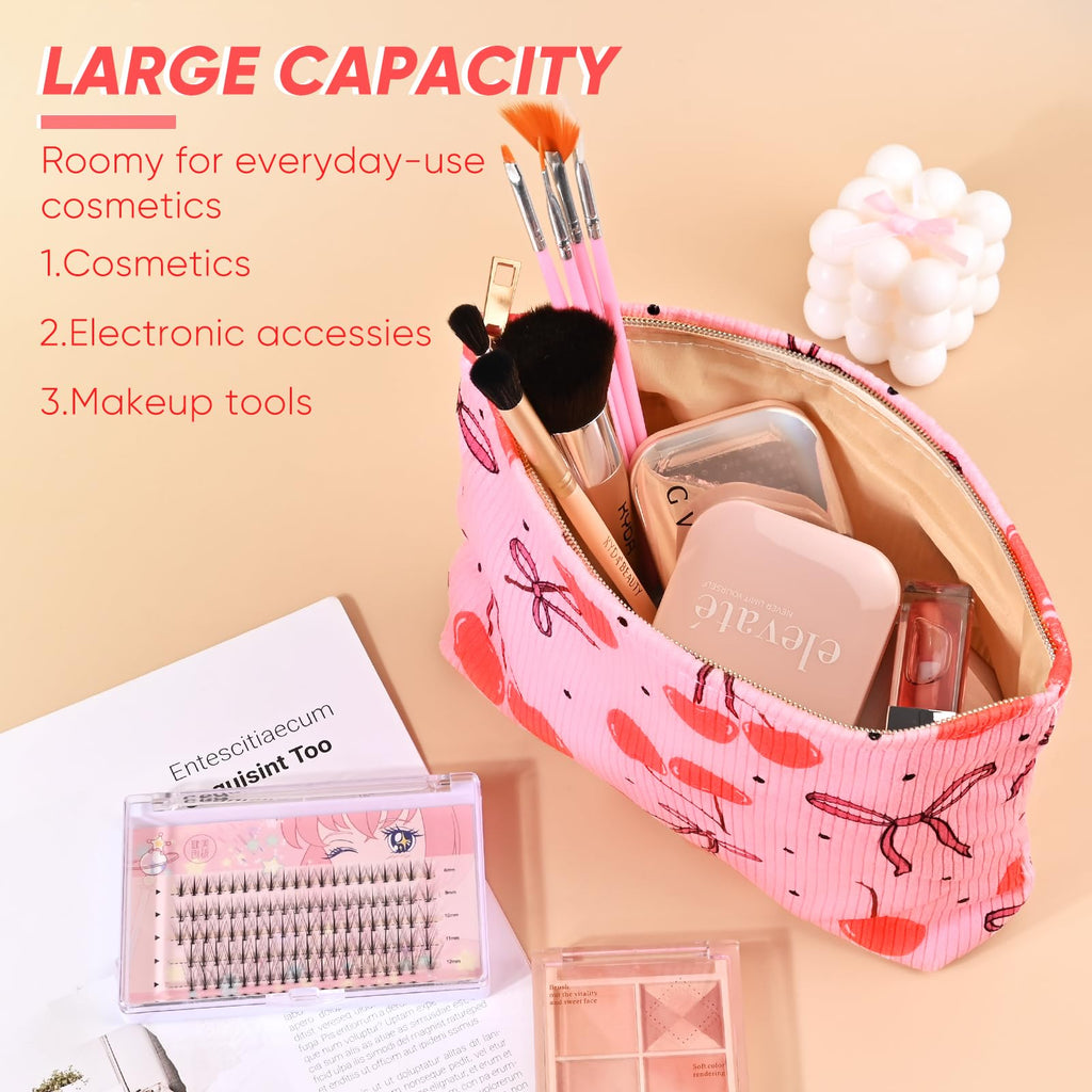 Ksriylm Cute Cherry Makeup Pouch for Women Small Make Up Bag for Purse Zipper Initial Makeup Cosmetic Bags Pouches for Purse Aesthetic Travel Toiletry Bags, Red Cherries Bows