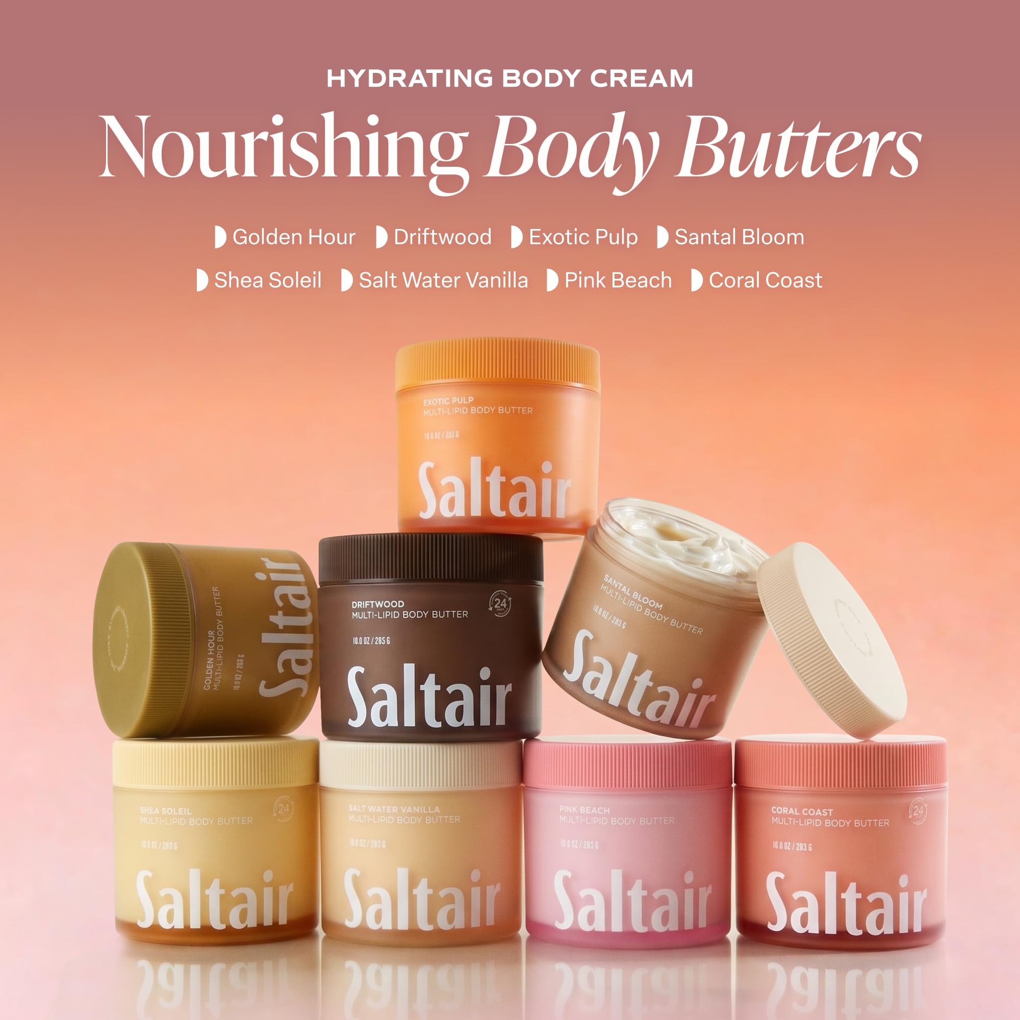 Saltair Multi-Lipid Body Butter – Hydrating 24-Hour Moisture – Body Cream for Soft Skin & Barrier Support – Ceramides, Coconut Oil & Shea Butter for Dry Skin Care – Coral Coast, 10oz