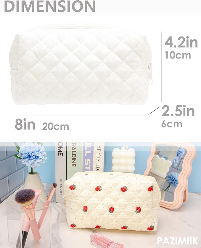 PAZIMIIK Small Quilted Makeup Bag,Zipper Cosmetic Pouch,White Floral