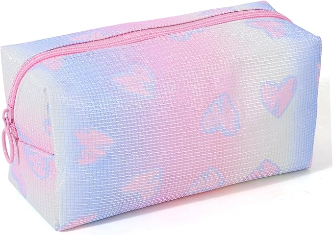 DALINEEYI Makeup Bag, Portable Makeup Brush Pouch, Shiny Cool Heart Pattern Makeup Organizer Case for Women, Small