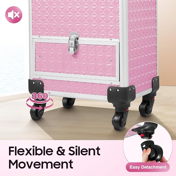 Mahugde Rolling Makeup Manicure Storage Case, Makeup Trolley Rolling w/4 Universal Wheels Professional Aluminum Cosmetic Trolley Cases w/lock for Studio or Travelling (Pink)