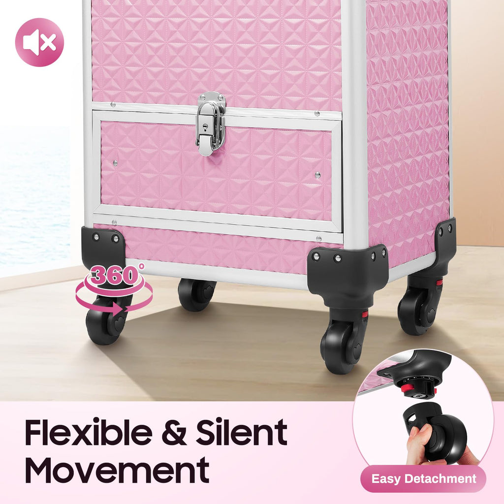 Fronimo Pink Rolling Makeup Case with 4 Trays and Large Drawer Nail Travel Case on Wheels for Professional Stylists Portable Beauty Organizer