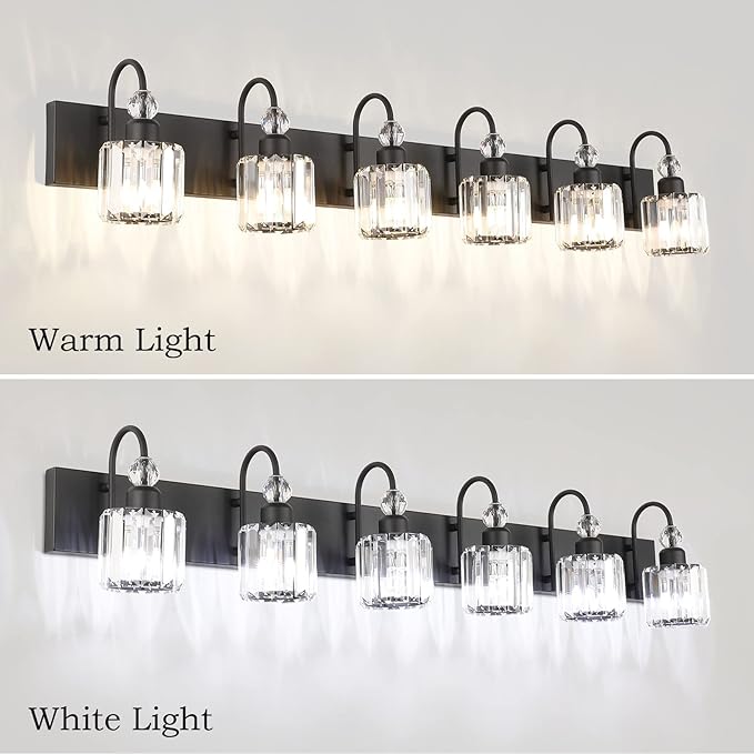 Ralbay Modern 6-Light Black Crystal Vanity Lights for Bathroom - Matte Black Crystal Wall Light Fixtures