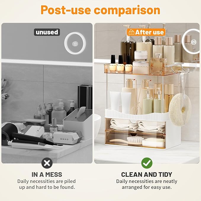 Bathroom Counter Organizer with Hair Dryer Holder, 2 Tier Storage Drawers