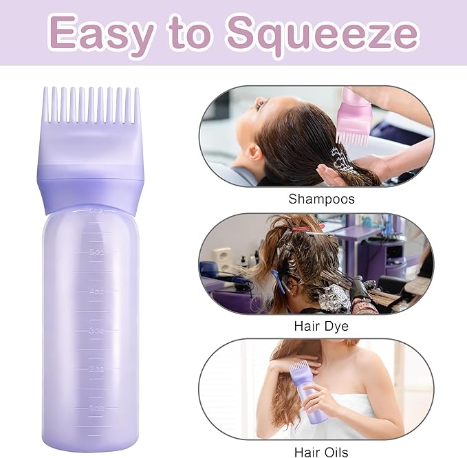 BlingKingdom 3 PCS 170 ML Root Comb Applicator Bottles with Graduated Scale, Soft Pliable Hair Oil Applicators Dye Brush Applicator Bottle for Hair Oiling Applying Massaging Coloring (3 Colors)